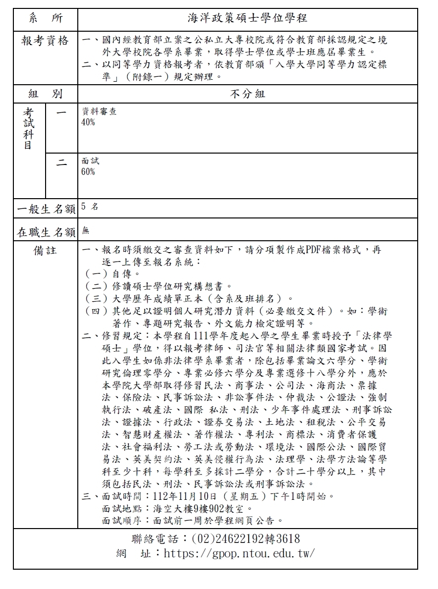 海政所113學年度碩士甄試招生資訊